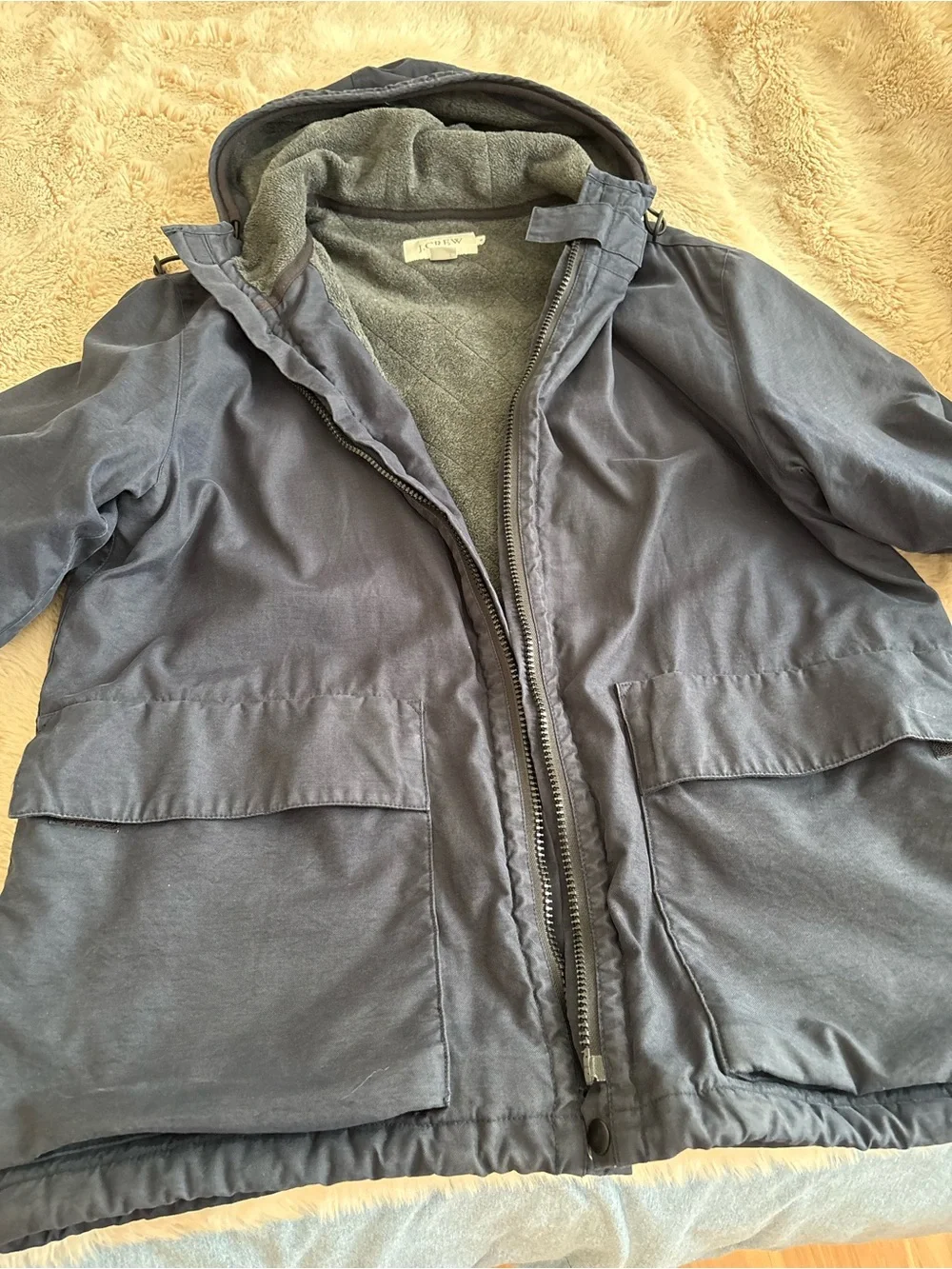 Vintage 90’s J.Crew Navy Fleece Lined Barn Parka Jacket Medium Gorpcore Utility